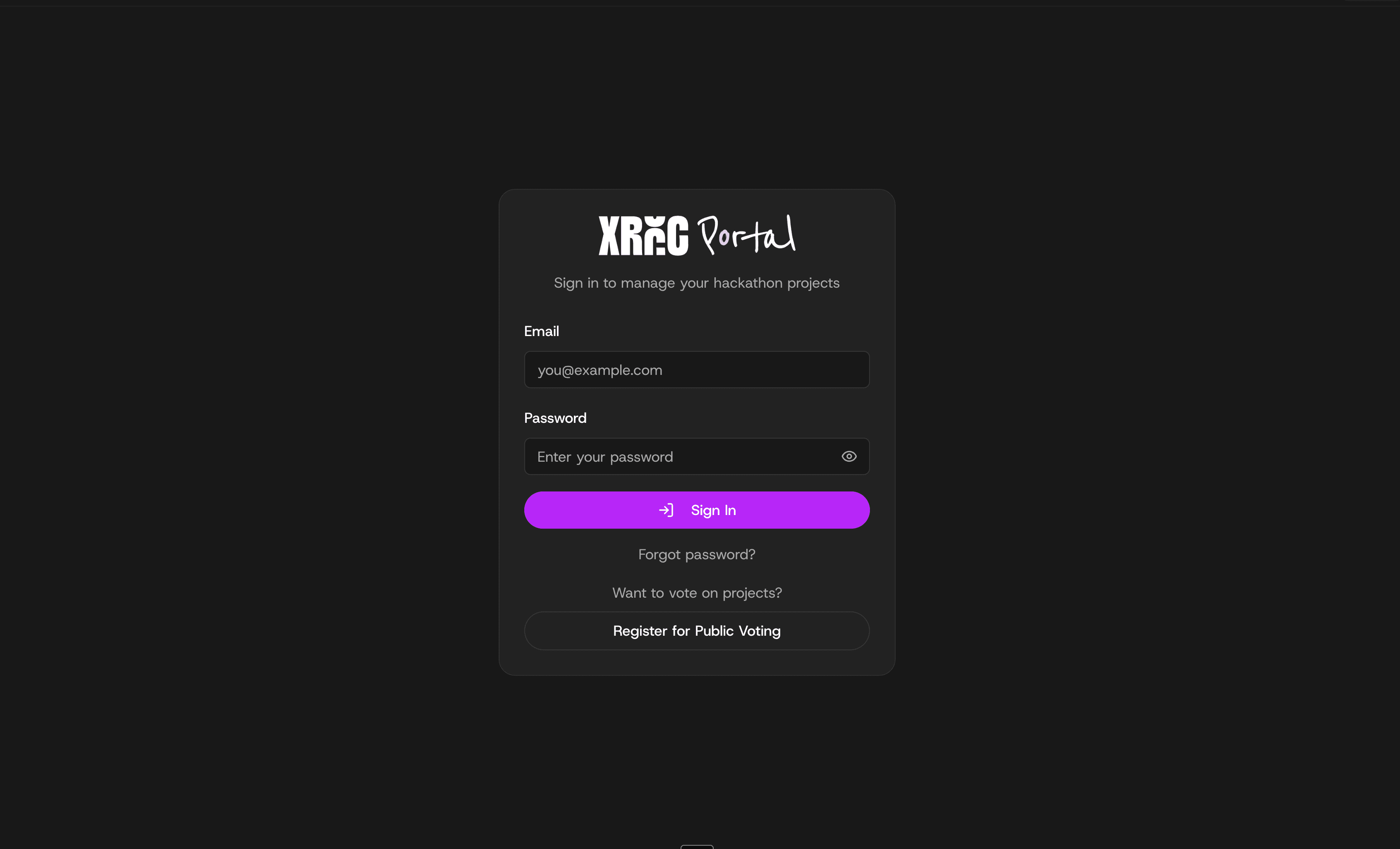 XRCC portal sign-in page with a Register for Public Voting button