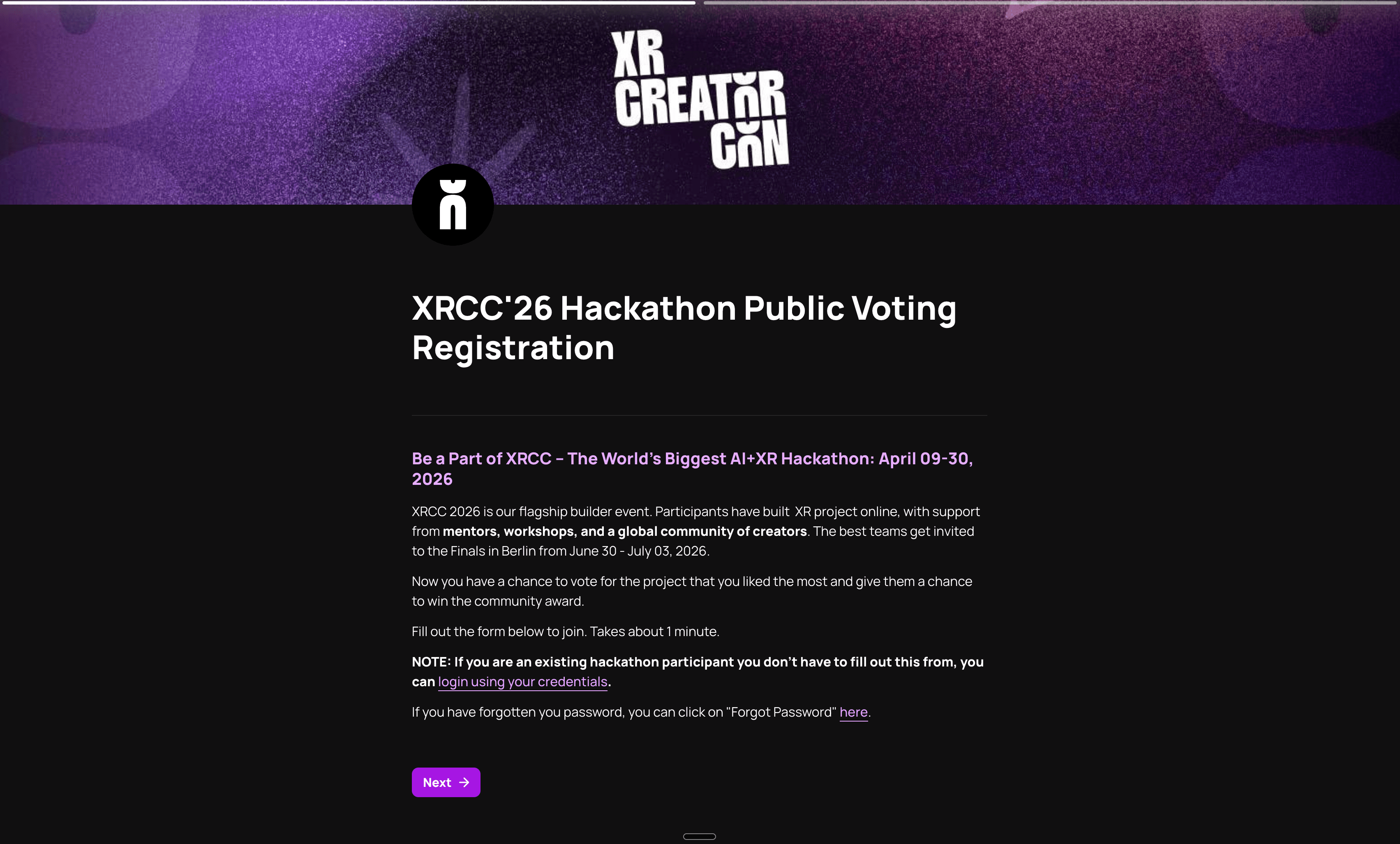 Public-voting registration form on the XRCC portal