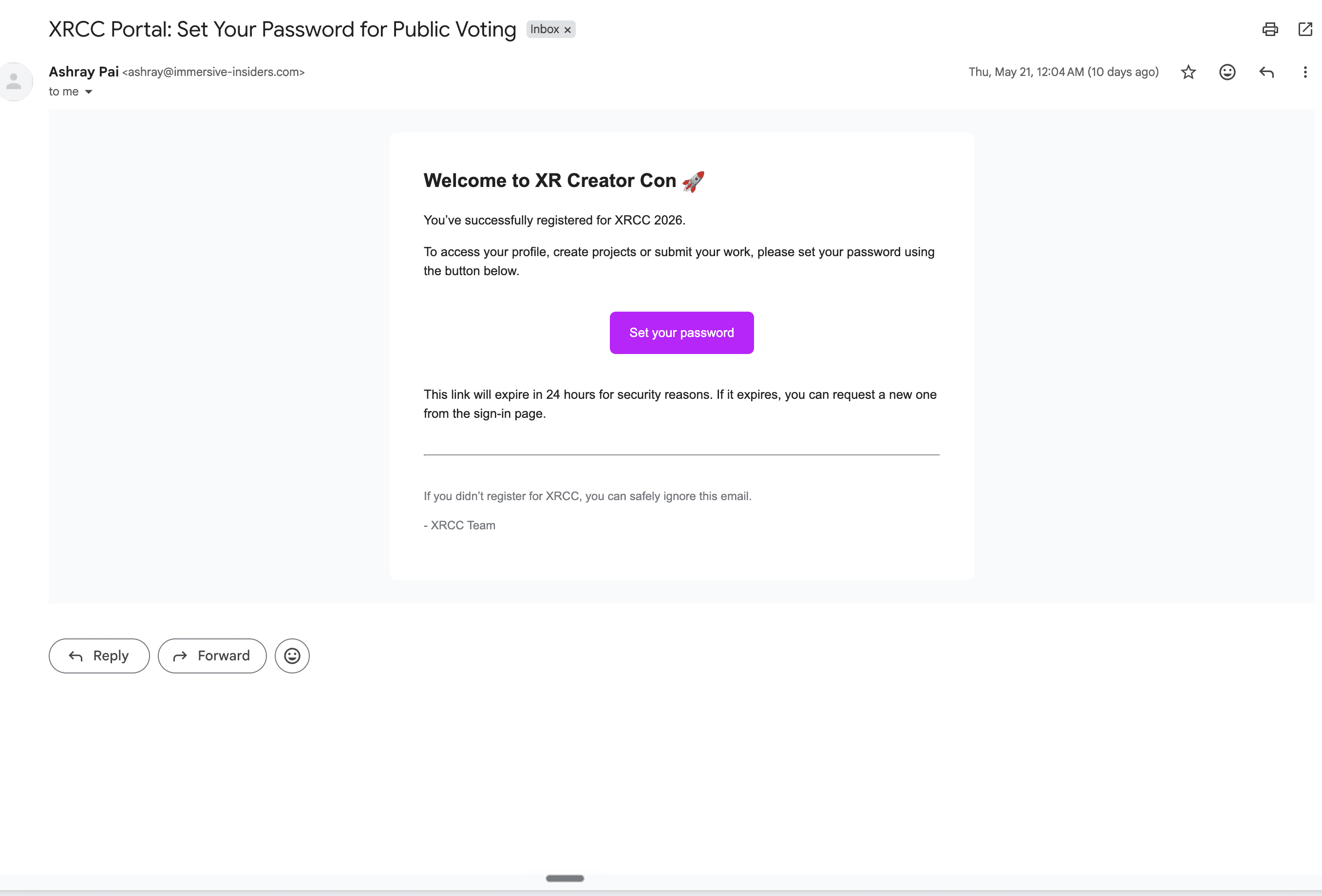 Set-password screen reached from the confirmation email