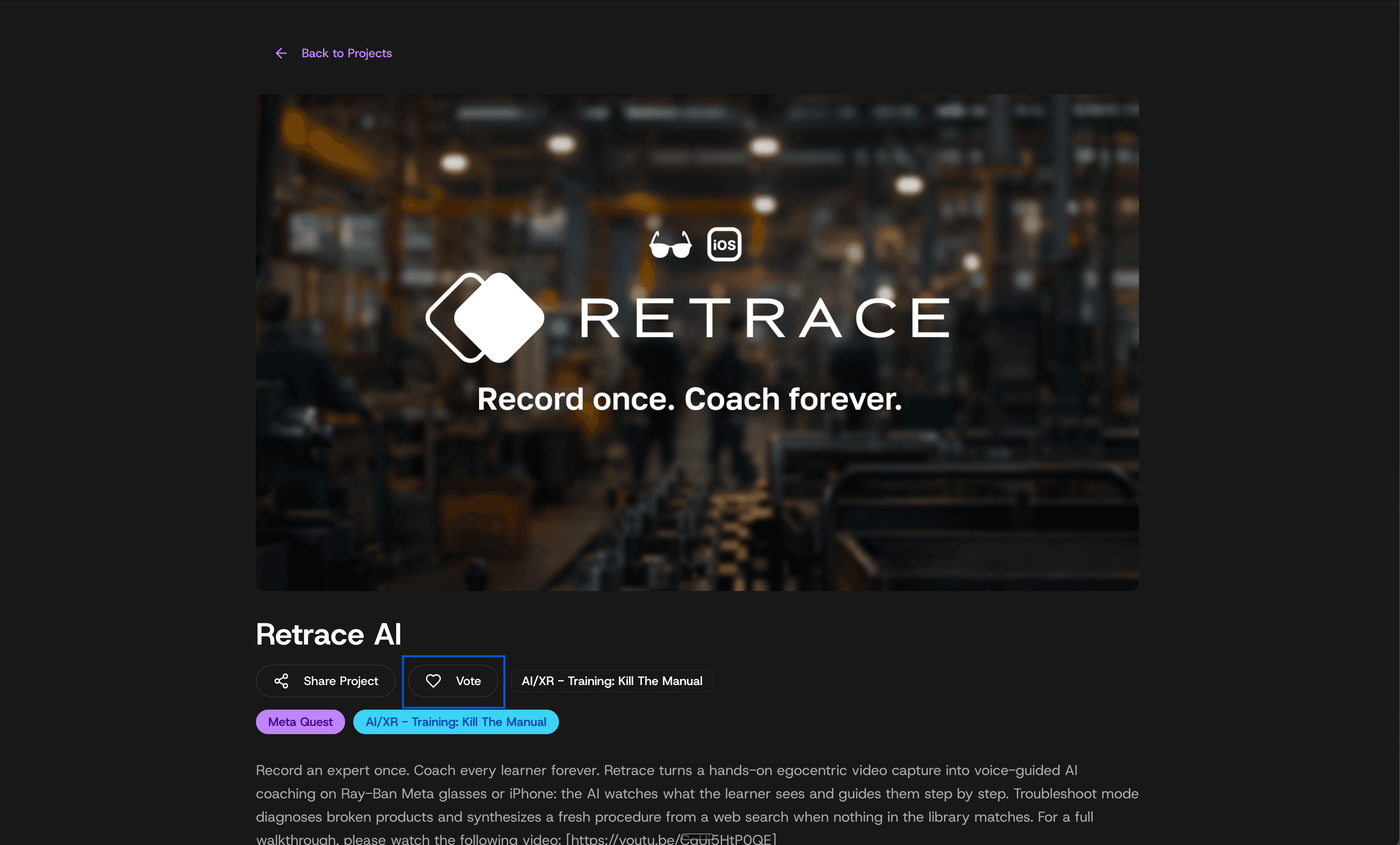 Retrace project page on the XRCC portal with the vote button